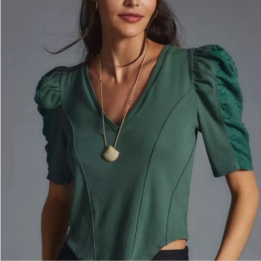 Anthropologie Puff Sleeve V Neck Tee